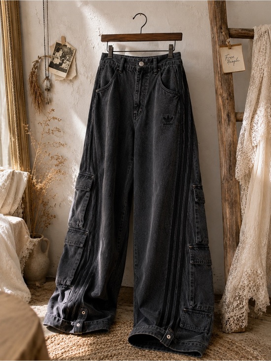 Denim - 48🌟 Adidas Originals Adilenium Denim Cargo Pants Black | Wide Leg Utility Jean